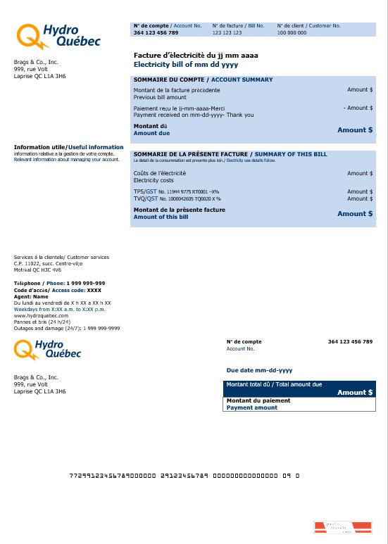 Canada Hydro Quebec business utility bill template in Word and PDF formats (2)